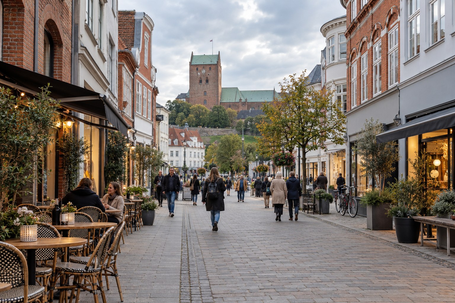 AI-genereret stemningsbillede af en dansk bymidte; ikke et dokumentarfoto
